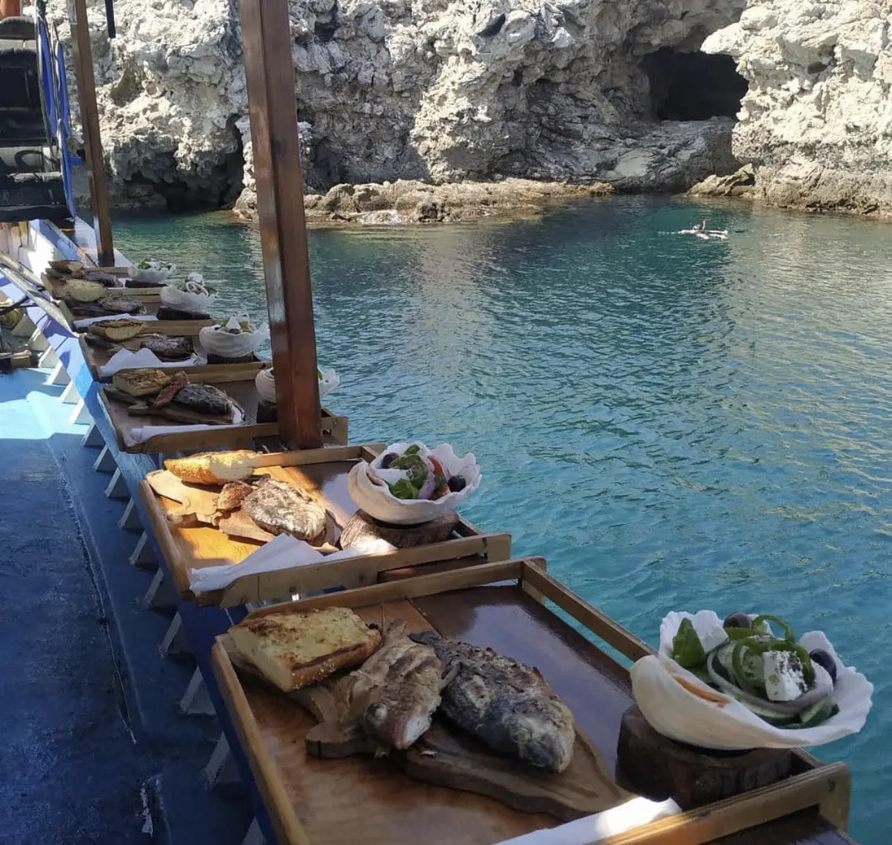A meze table on the deck, cooked the traditional way